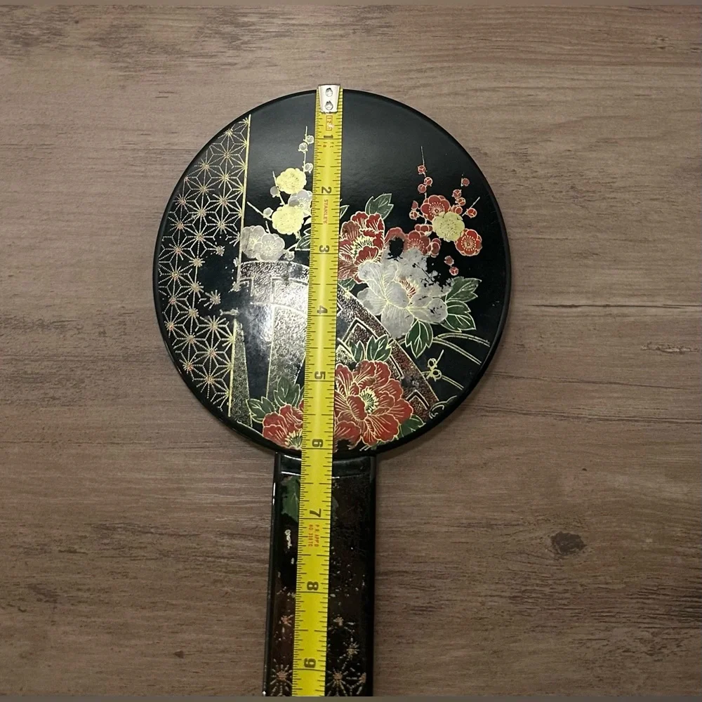 Vintage‎ Otagiri Nesting Floral Hand Mirror Handles Black Lacquer 6” Diameter.